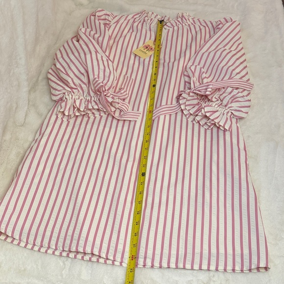 Entro White & Pink Stripe SearSucker Mini Dress, Exaggerated Balloon Sleeves - Picture 14 of 16
